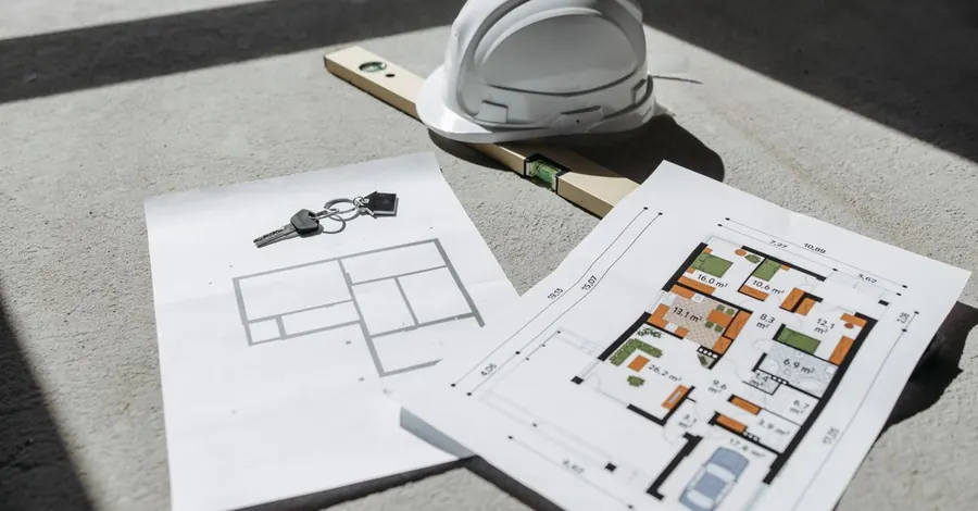Plans de construction et casque de chantier